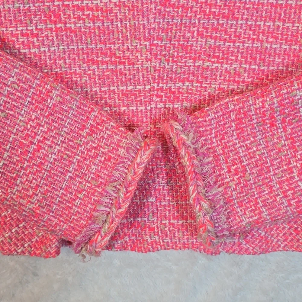 J.Crew Hot Pink Barbiecore Cotton Jacket Tweed Peplum Fringe Blazer Sz. 10